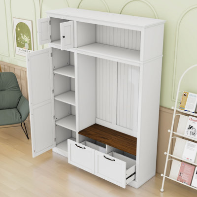 Arbre d'entrée en bois avec armoire de rangement, 3 tablettes latérales réglables, 4 crochets robustes, 2 tiroirs et banquette