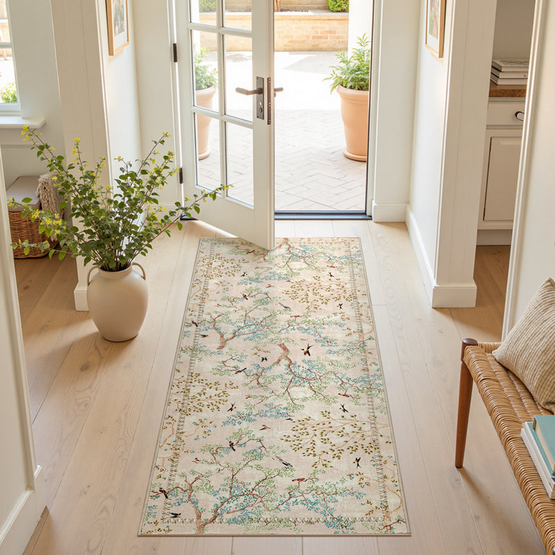 Floral Rug Botanical Birds Print Nature Plants Washable Non-slip, Beige/Pink, Runner 2' x 5'