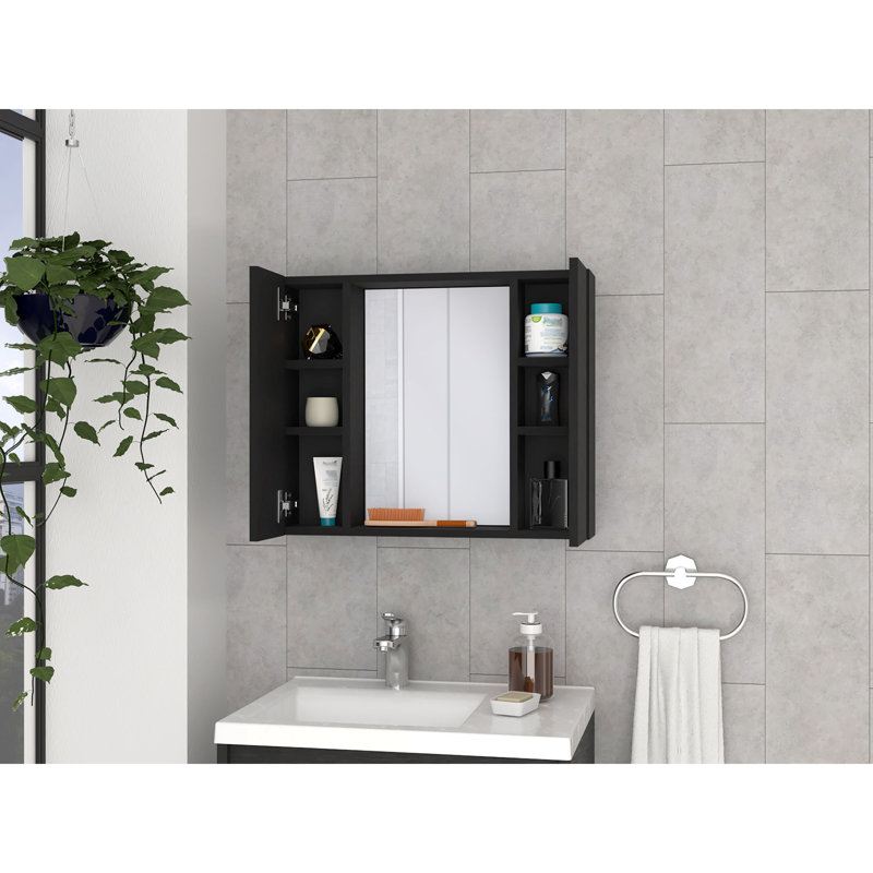 Medicine Cabinet Hops, Double Door, Mirror, One External Shelf, Black Wengue Finish, Black