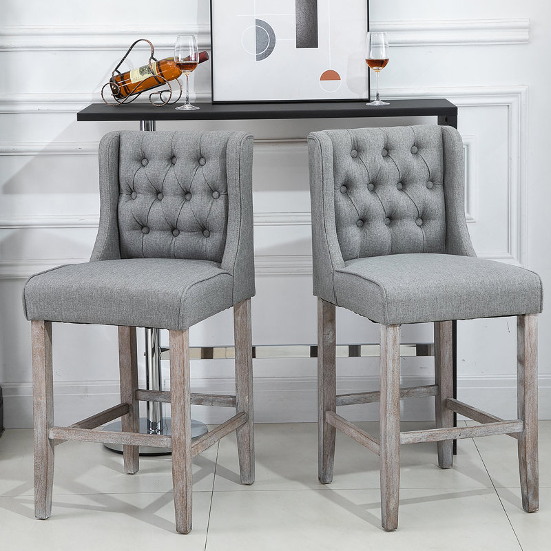 Ensemble de 2 tabourets de bar à hauteur de comptoir 26,25 po, capitonnés et sans accoudoirs avec pieds en bois d'hévéa, gris