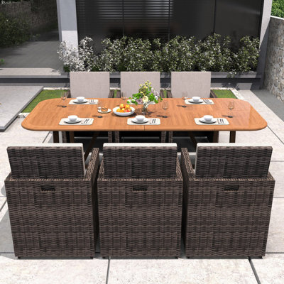 6-Person Patio Dining Set With 86.3"-109.4" Long Extended Acacia Wood Table