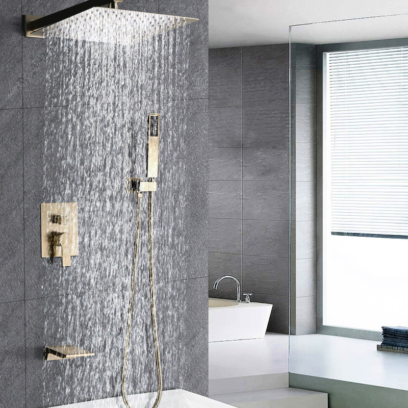 12" Shower With Handheld, Wall Mounted, Ceramic Disc, Balanced, Long-Lasting Performance, Brushed Gold Finish Compact Design,