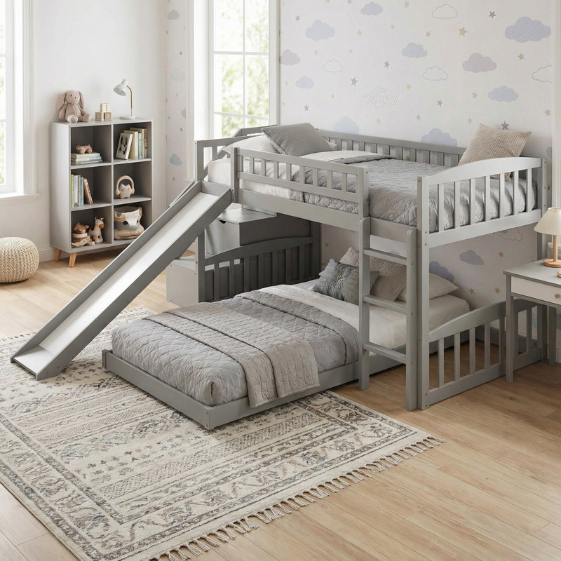 Stairway Solid Wood Twin over Twin Bunk Bed with Two Drawers and Slide for Bedroom, Gray