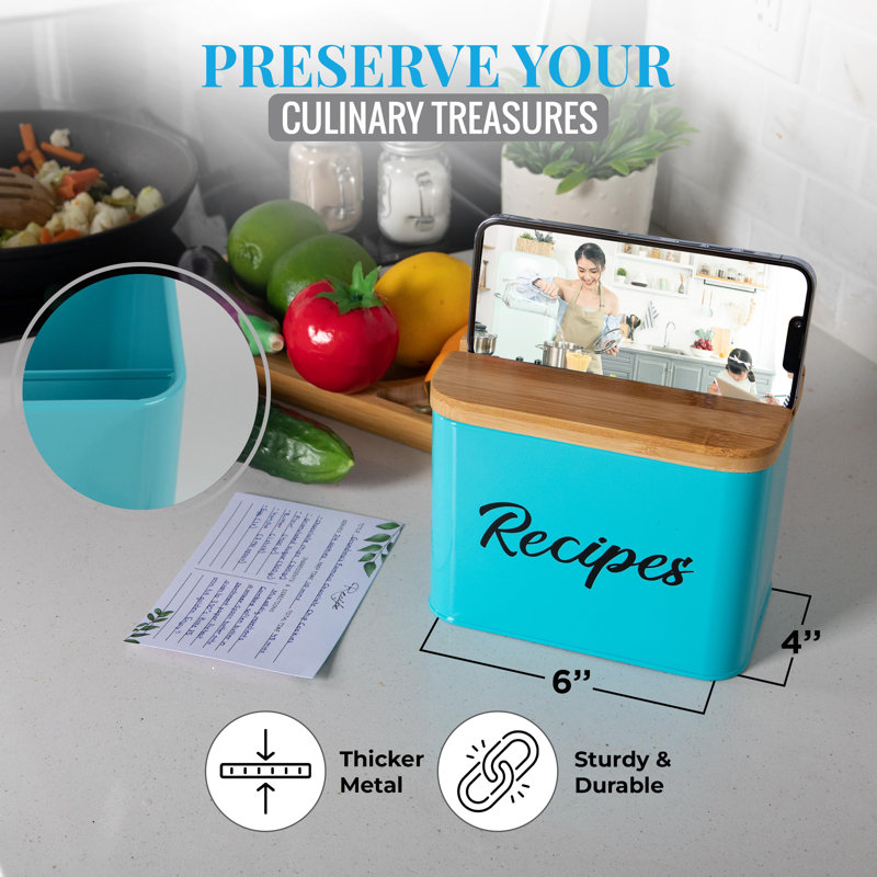 Recipe Box - White - 4"X6" Recipe Cards And Box Set - Durable Recipe Card Box With Thicker Metal - Includes 25 Cards And 10 Dividers