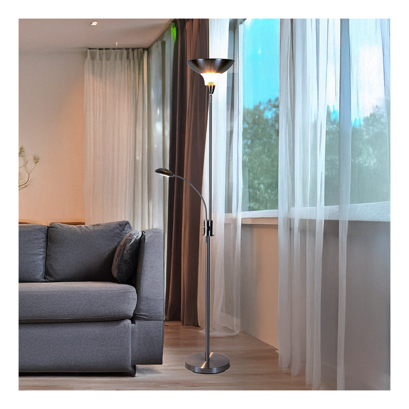 LED Torchiere Floor Lamp with Adjustable Gooseneck Reading Light - Brushed Nickel Modern Floor Lamp for Living Room, Bedroom & Office