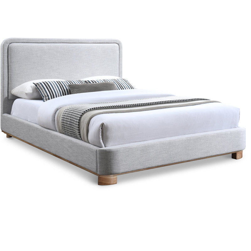 Nolita Tilman Solid Wood Upholstered Platform Bed, Queen, Grey Linen Textured Fabric / Stained Natural