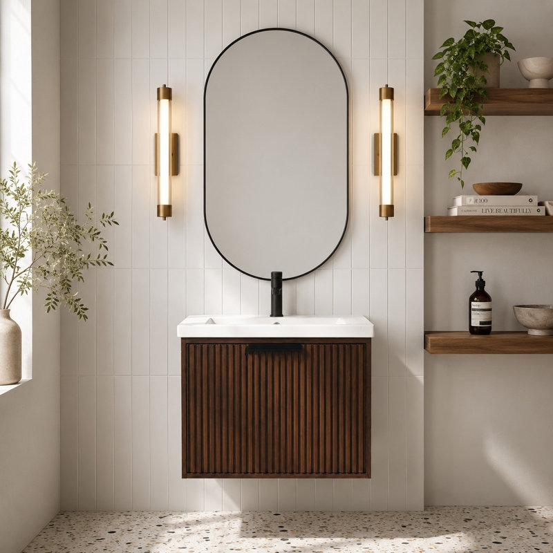 Anelie 24" Wall-Mounted Single Bathroom Vanity Set, Walnut, Matte Black