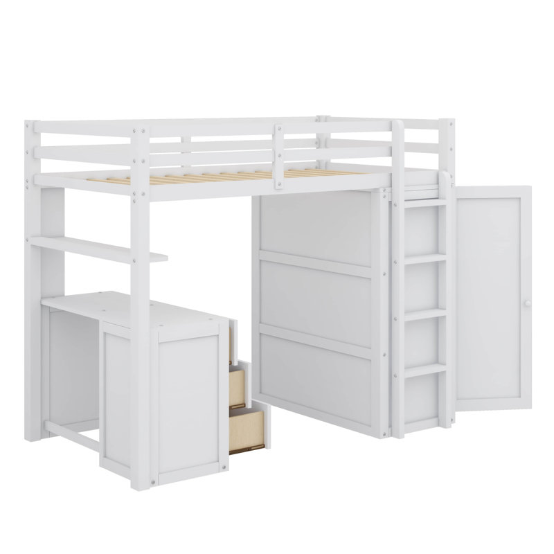 Lit mezzanine polyvalent avec tiroirs de rangement intégrés, bureau de travail spacieux et armoire de style armoire, Blanc