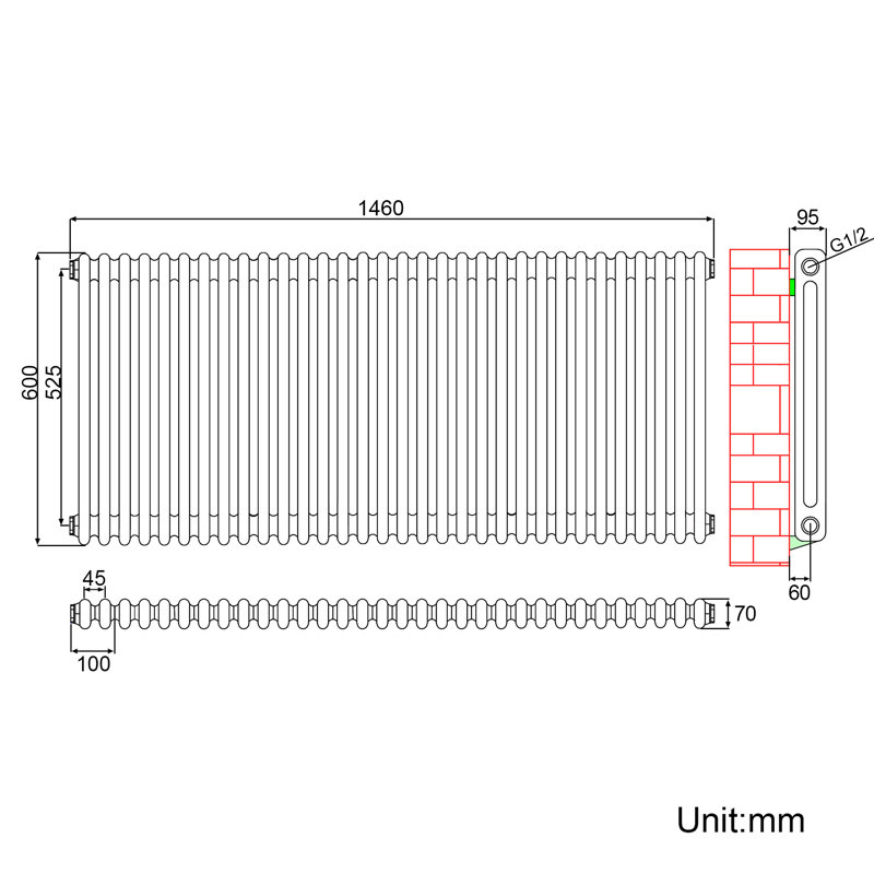 Carmellia Horizontal Designer Radiator, 60cm H x 140cm W x 9cm D
