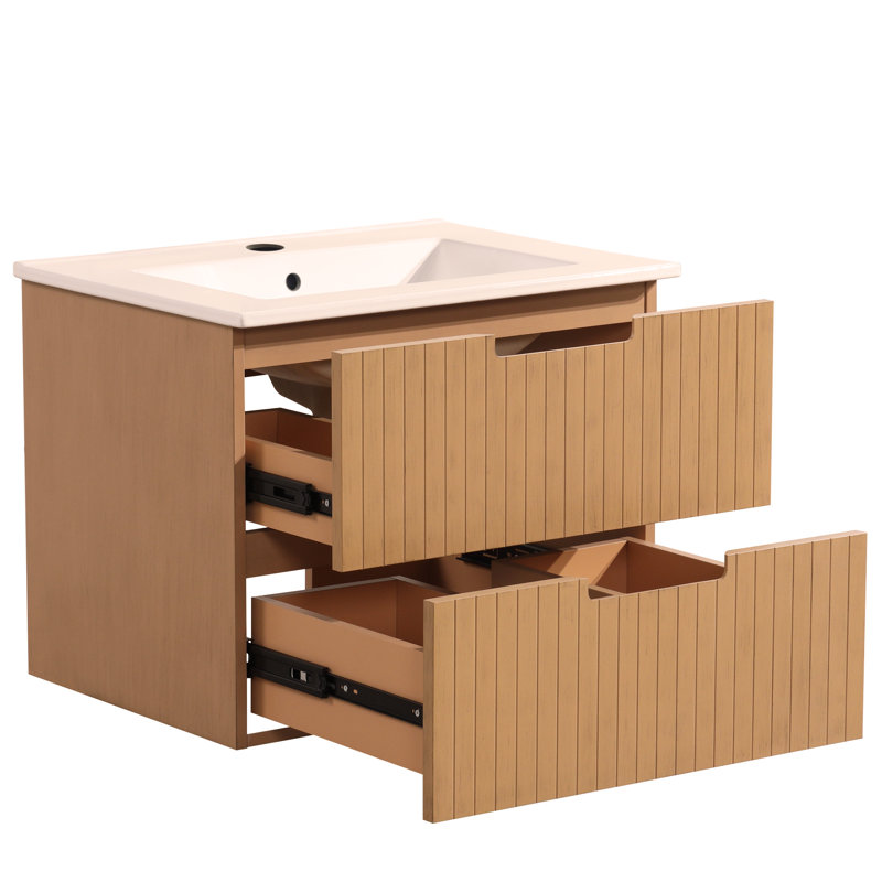 Ensemble de meuble-lavabo mural 24 po avec lavabo en céramique, Marron clair