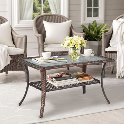Patio Wicker Coffee Table With Glass Top