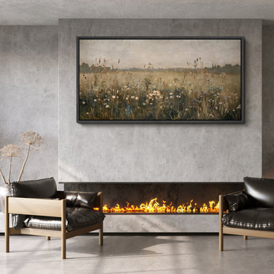 Muted Meadow Wildflower Landscape Framed Canvas Wall Art - Rustic Nature Scene for Entryway or Study