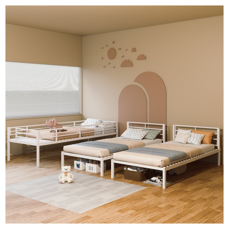 Cadre de lit superposé triple en métal, lits simples convertibles en forme de L, blanc