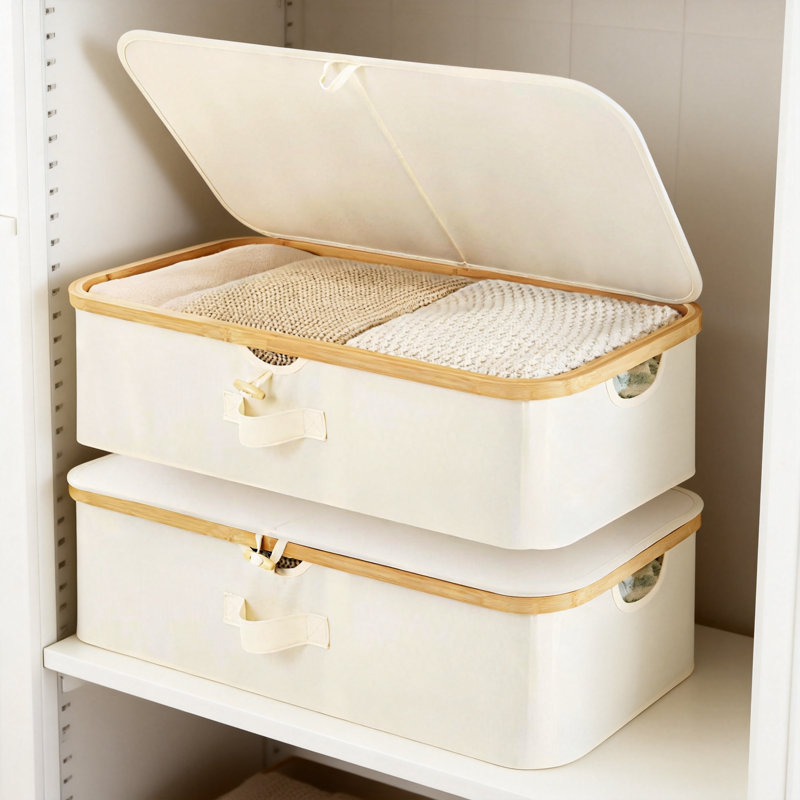 Underbed Storage Box With Bamboo Frame, 42L Flip-Top Under Bed Container For Blankets, Bed Sheets, Coverlets And Towels,2-Pack (Beige)