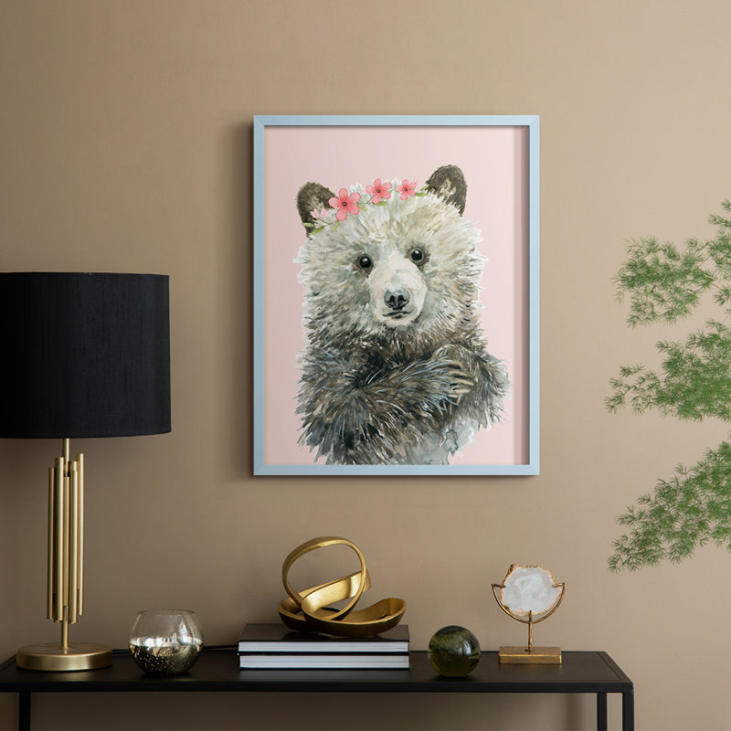 Reproduction encadrée d'un ourson en bois massif, H 21 po x l 17 po, Bleu