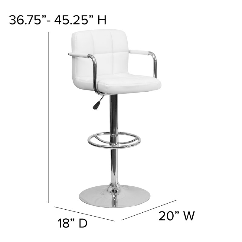 Tabouret de bar contemporain à hauteur réglable en vinyle matelassé avec accoudoirs et base chromés Chestertown, Blanc, 2