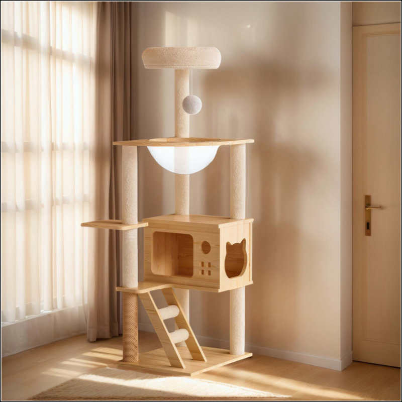 Arbre à chat 48,8 po moderne en bois, arbre à chat d'intérieur multifonctionnel avec poteaux à griffer en sisal, perchoir supérieur et hamac en acrylique pour petits et grands chats