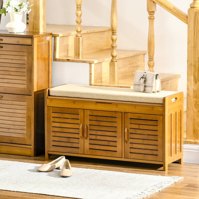 Banc à chaussures avec compartiment caché - coussin d'entrée, 3 portes, fonctionnalité moderne brune, compartiment de rangement, concept, cadre