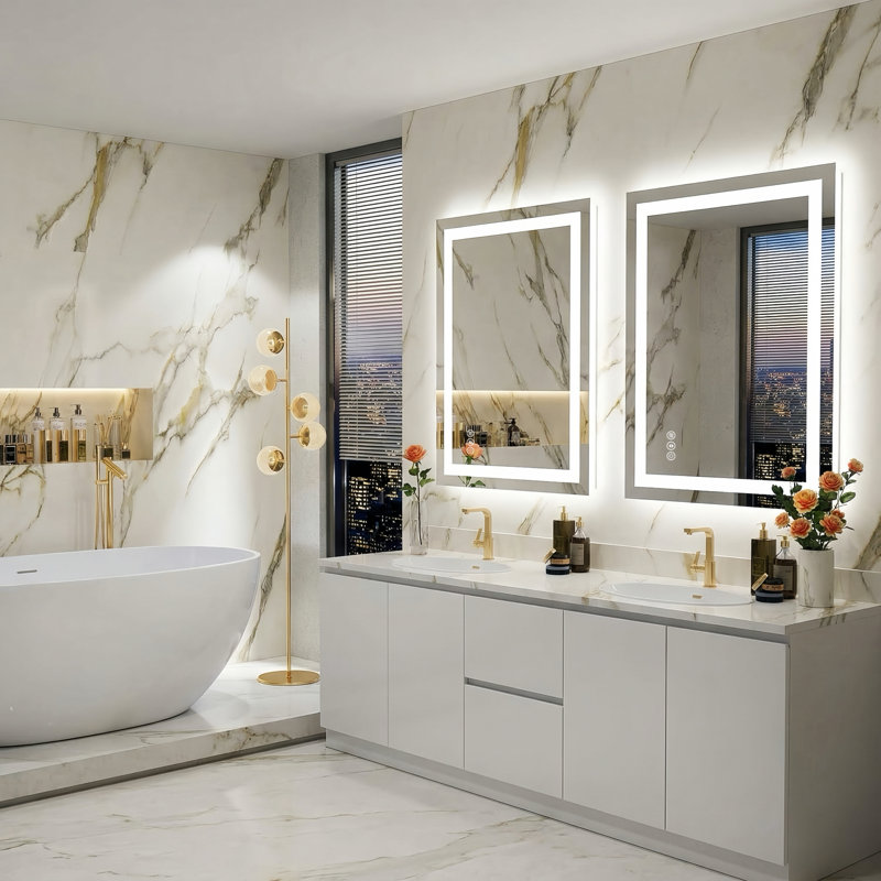 Miroir de salle de bain en verre trempé à l'épreuve de l'eau et à la lumière certifié IP45 certifié UL45, 36 po x 28 po
