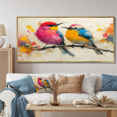 Pink Yellow Birds On Floral Branch - Bird Wall Art Living Room