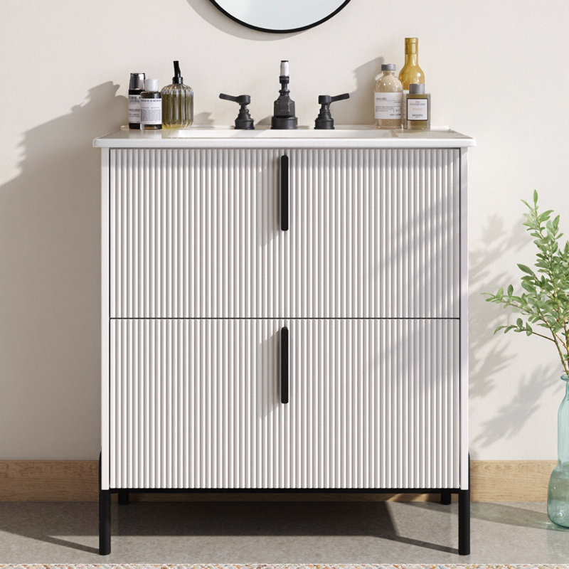 Élégant meuble-lavabo blanc 30 po avec lavabo en céramique et tiroirs cannelés à fermeture en douceur, Blanc
