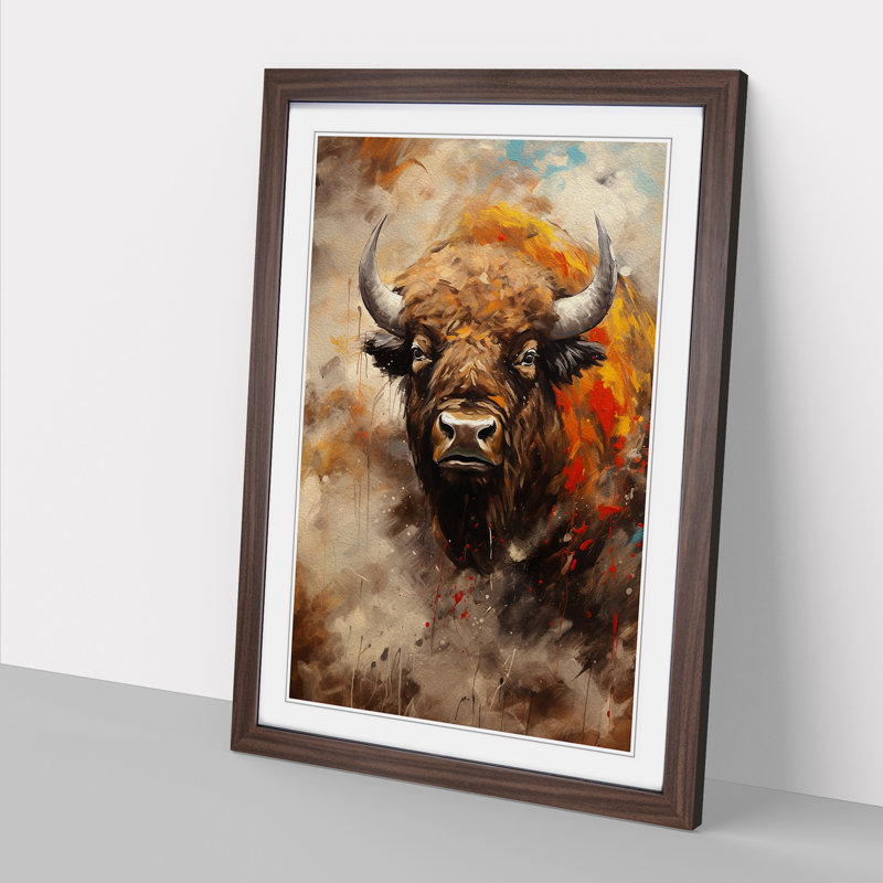 Bison Gestural Art - Framed Print, 46cm H x 34cm W x 2cm D, Walnut Framed