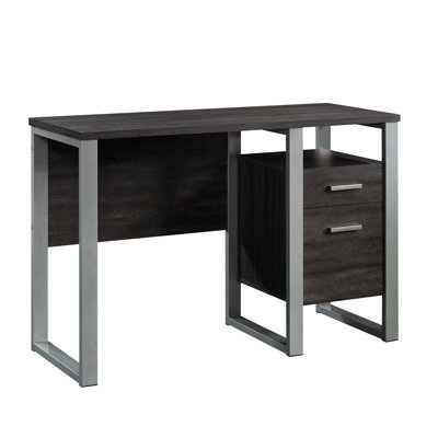 Bureau brun foncé pour la salle de bricolage et les tâches d'écriture, productivité compacte à un seul piédestal, tiroir de rangement avec butées en métal, cadre argenté de style moderne au fini noir, tiroir coulissant lisse,