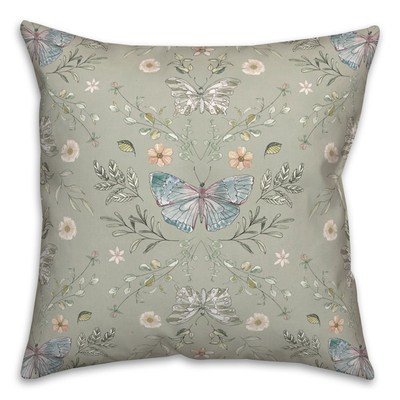 Sage Green Floral Reversible Square Polyester Throw Pillow