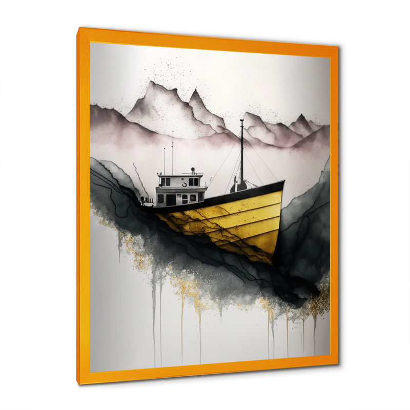 Bateau de pêche noir et jaune, H 20 po x l 12 po x P 1 po, Impression dorée sur toile encadrée