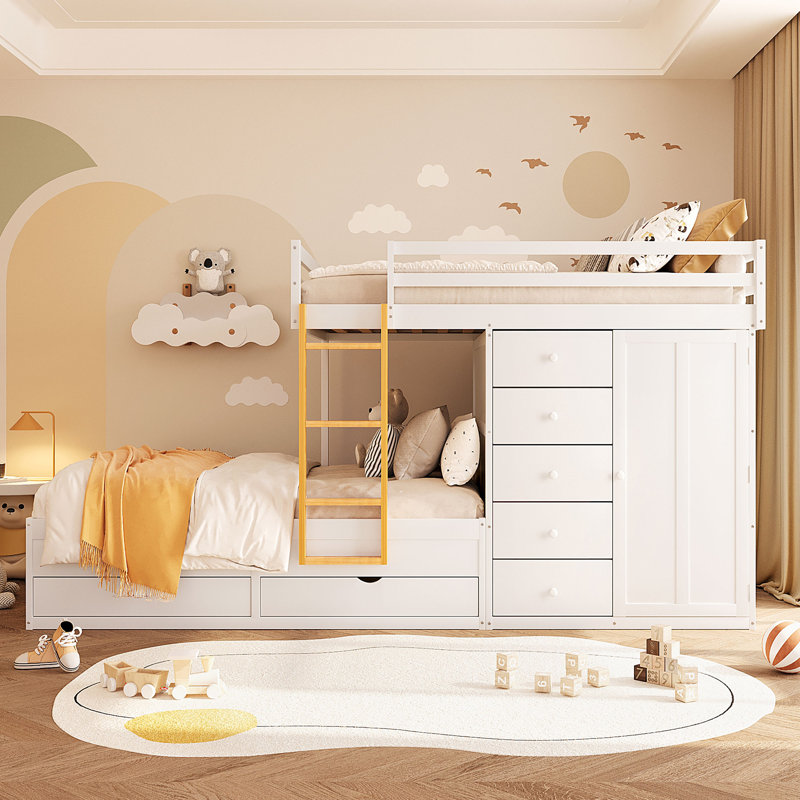 Full Size Bunk Bed with 2 Large & 5 Small Drawers, Small Wardrobe, Modern Storage Bunk Bed, MDF & Solid Wood, White, White