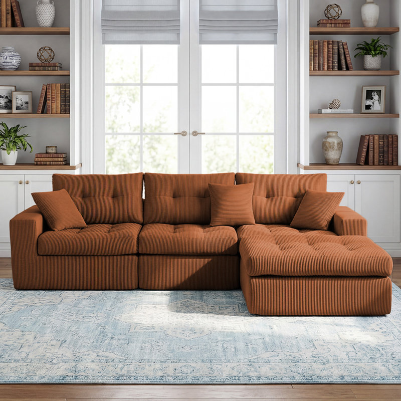 Canapé-lit modulaire en L Corduroy, Orange