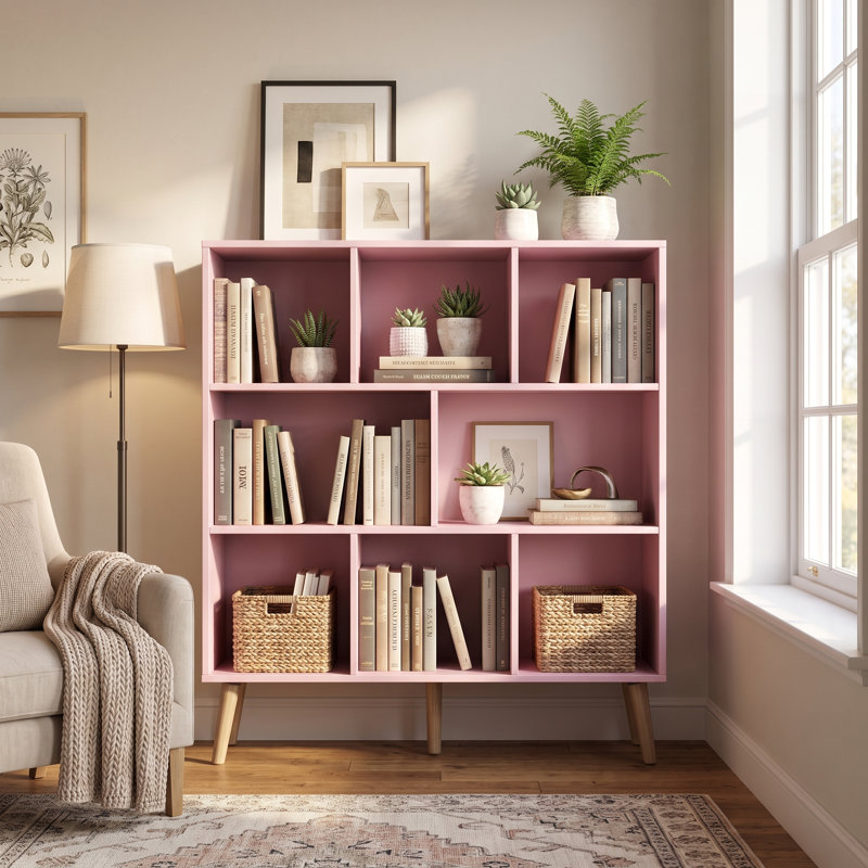 Jaen Solid and Manufactured Wood Cube Bookcase, (8 Shelves) 42.5" H x 39.4" W x 9.4" D, Pink Blossom