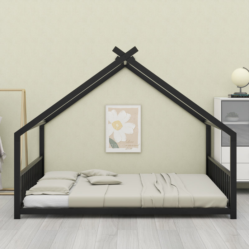 Modern Metal House Bed with Sturdy Construction, Black