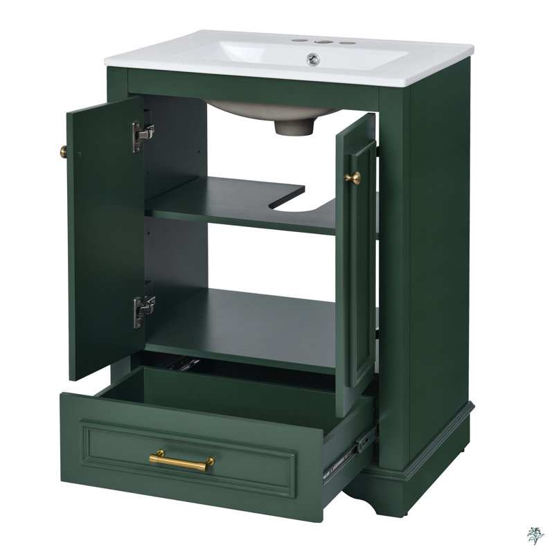 Meuble-lavabo 24 po avec lavabo en céramique, poignées argentées, portes à fermeture douce, Vert/doré