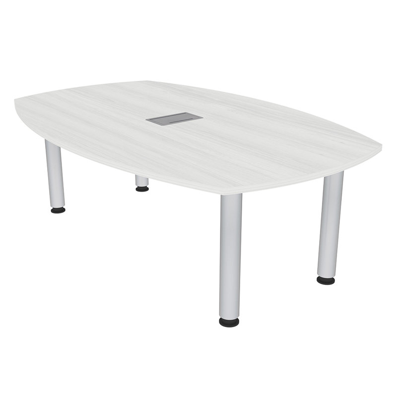 Table de conférence Pavert Arc Boat avec pied rond en métal | Unité électrique, L 72 po x l 48 po, Cyprès blanc, Argent