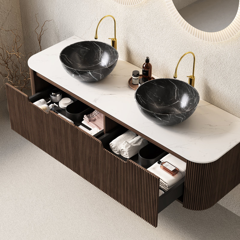 Meuble-lavabo de salle de bain de 152 cm (60 po) avec 2 tiroirs, armoire suspendue, vasques en céramique noire, préassemblé, fini rayé 3D, mécanisme de fermeture amortie pour les tiroirs.