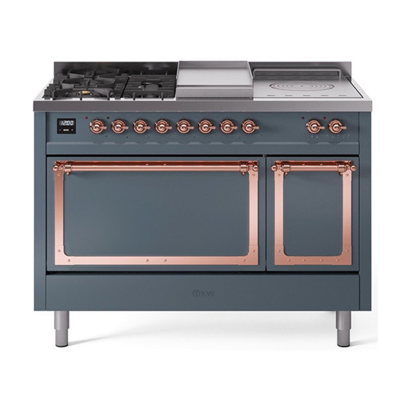 ILVE Nostalgie II Noblesse 48 in Dual Fuel Range, 5 Burner, Griddle, Frenchtop, Blue Gray/Copper, Natural Gas