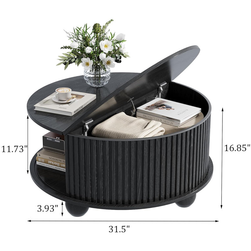 31.5" Modern Round Coffee Table With Storage, Black