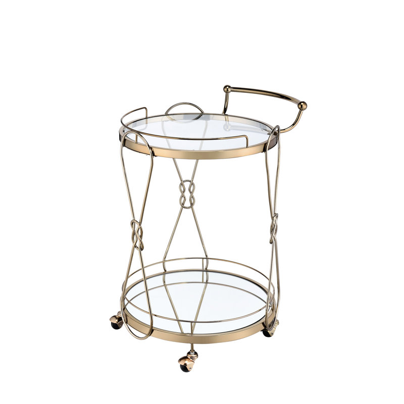 Fabuleux chariot de service à champagne, 2 compartiments ouverts pour le rangement, tablette en verre trempé transparent, base en miroir de 5 mm, cadre et poignée en métal, roulettes à roulettes, finition ronde, rangement