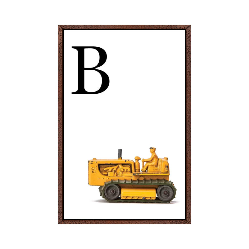 B Bulldozer Yellow White Letter - Print on Canvas, 66.04 cm H x 45.72 cm W, Classic Brown Wood Framed