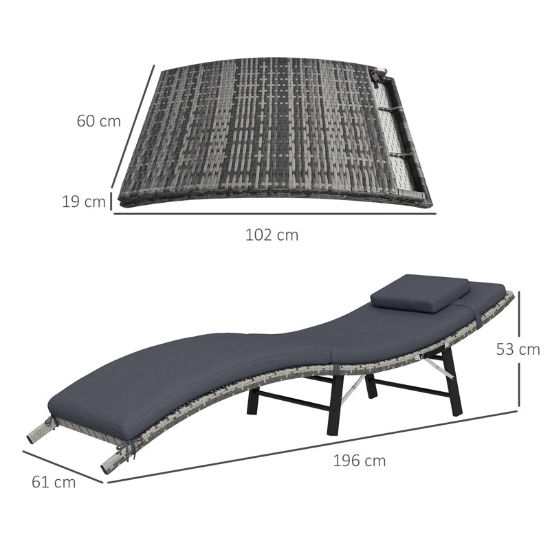Barteldina Folding Rattan Sun Lounger with Cushion, Pillow, Steel Frame, Grey
