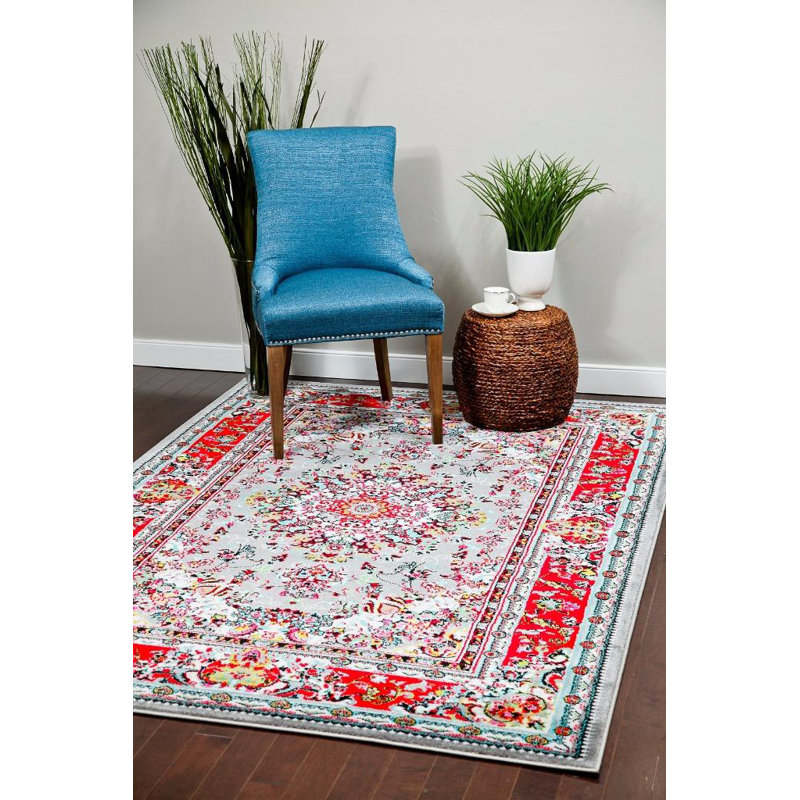 Tapis d'intérieur / extérieur gris / rouge tissé à la machine Blocher, 5 pi x 7 pi