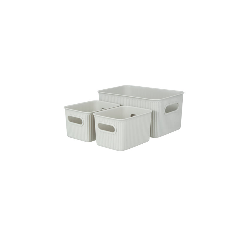 Ensemble de 3 bacs en plastique nervuré, Blanc cassé
