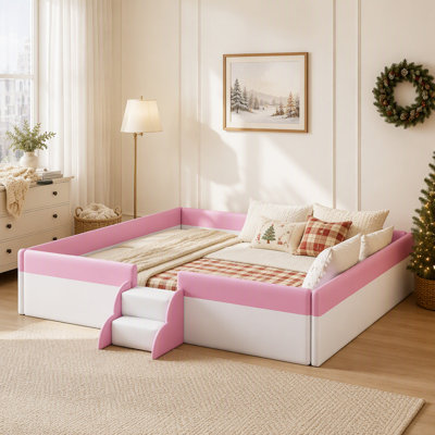 Cadre de lit de jour rembourré Queen Size avec barrière de sécurité et escalier pour un sommeil sécuritaire et confortable