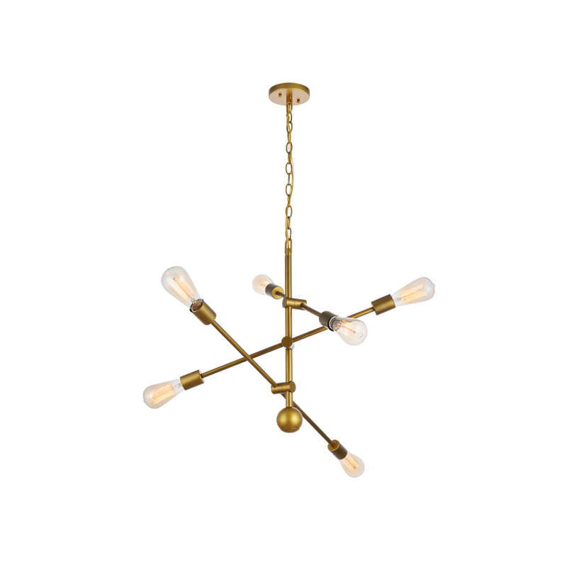 Whelchel Sputnik Modern Linear Chandelier, Brass, 6 Lights, 19.6" H x 17.1" W x 17.1" D