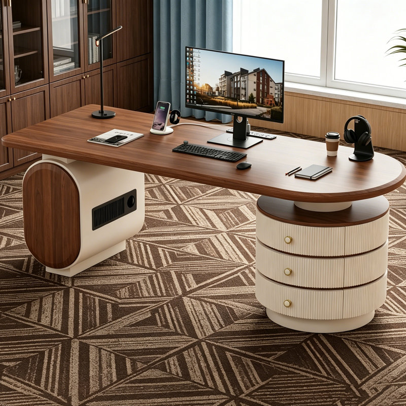 Bureau italien multifonctionnel, Brun / Beige, 29.53" H x 78.74" W x 27.56" D