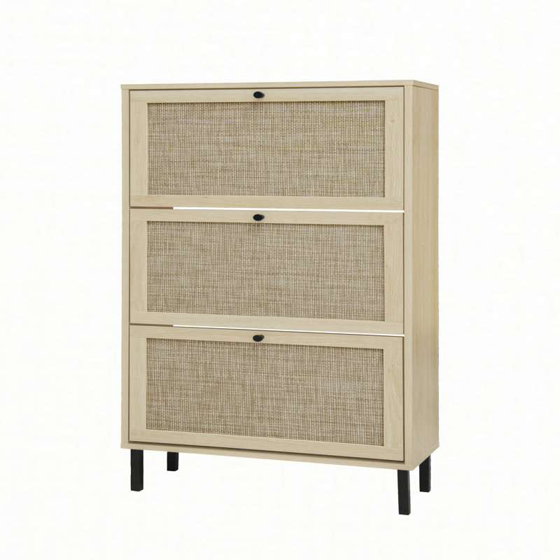 Rattan 3 Door Shoe Rack, Freestanding Modern Shoe Storage Cabinet, for Entryway, Natural