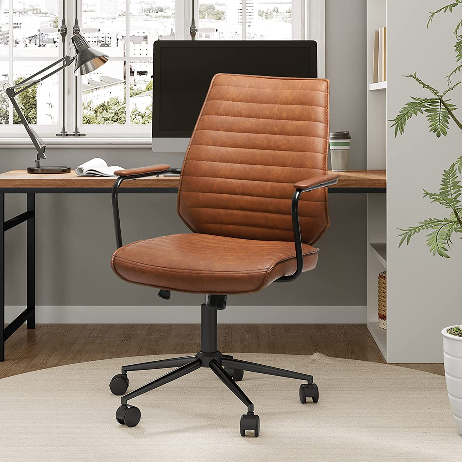 Midcentury-Style Leather High-Back Office Chair