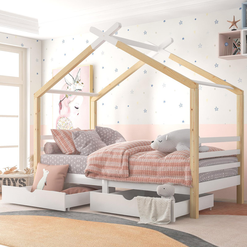 Cathlena Solid Wood Drawers Bed, White/Natural