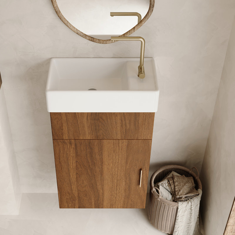 Meuble-lavabo flottant moderne de 16,5 pouces avec rangement, poignée en or rose et porte à fermeture en douceur, convenant aux conduites compactes avec drain de taille réglable Mid-Century, optimisation de l'espace de porte